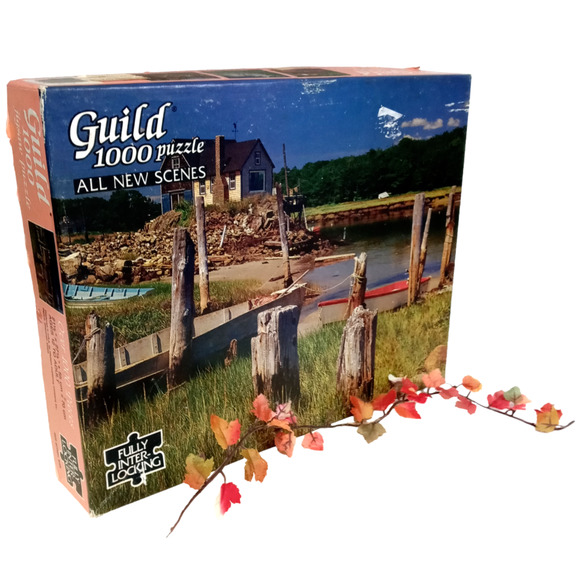 New England Dock Fishing Boats Jigsaw Puzzle Rustic Pier Scene Vintage 1000 PC - Picture 1 of 12